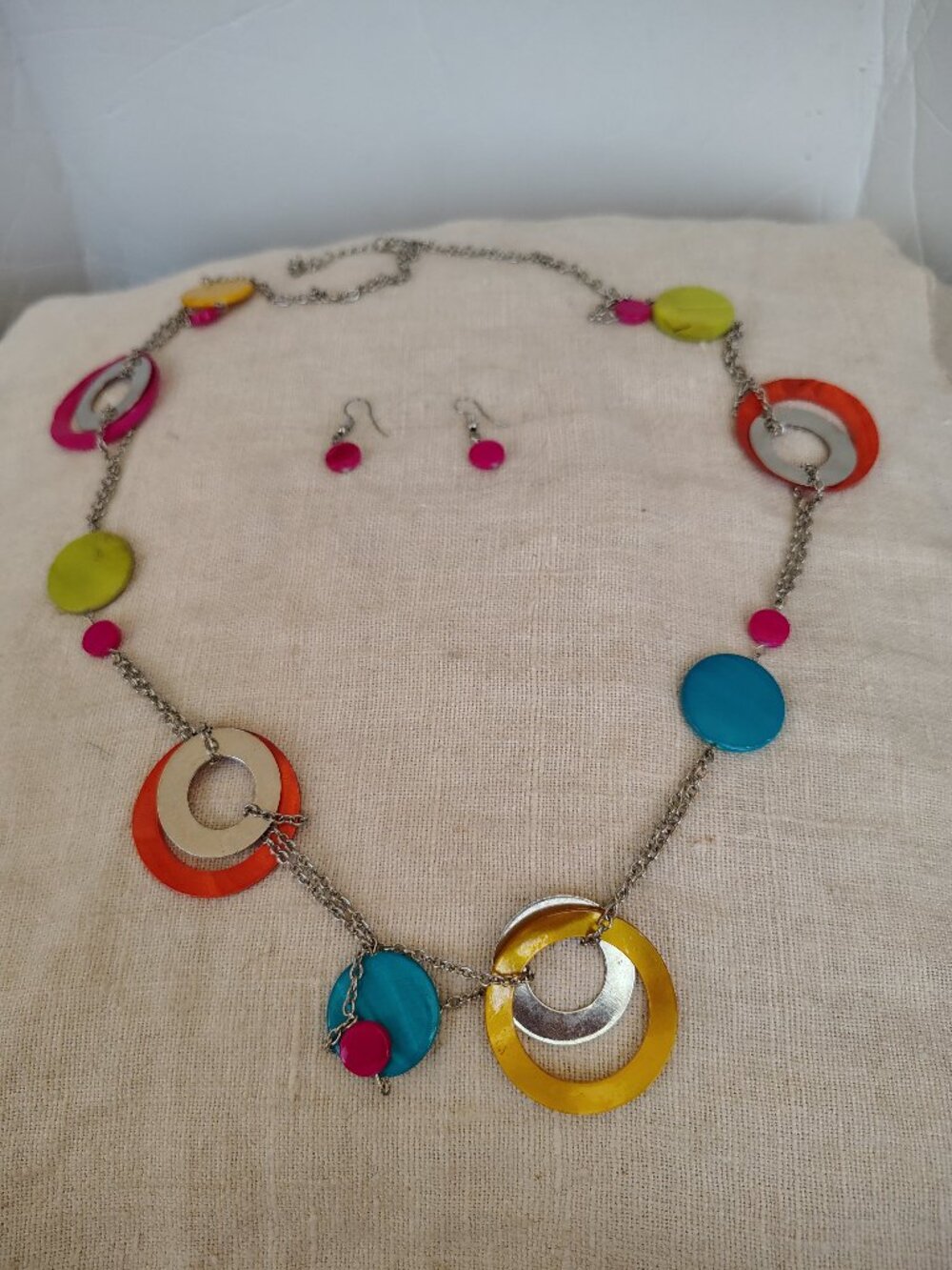 Long Colorful multi color open metal disc and flat round disc chain necklace